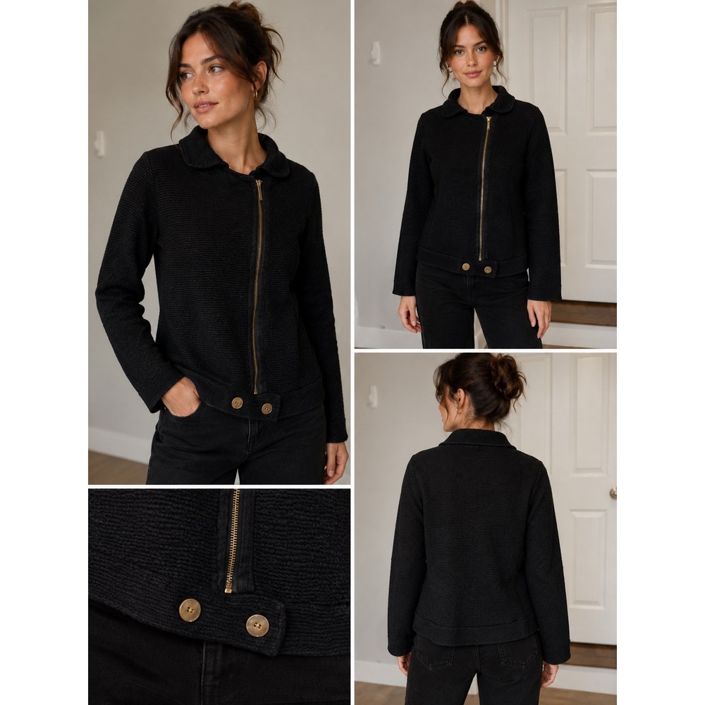 Chicos Black Textured Knit Asymmetrical Zip Jacket Gold Button Detail Size 2 L